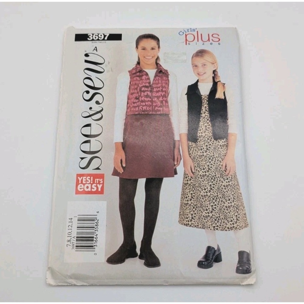 Vintage Butterick Girls Plus Size Vest Dress Skirt Sewing Pattern 3937 Sz 7-14